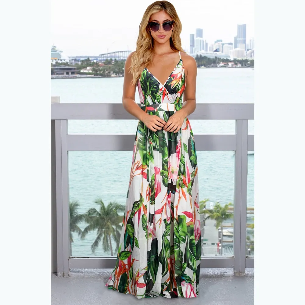 2025 Maxi Tropical Boho Floral Print Evening Party Beach Long Maxi Straps Dresses