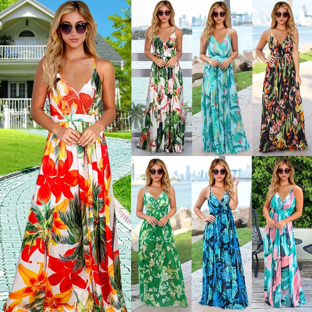 2025 Maxi Tropical Boho Floral Print Evening Party Beach Long Maxi Straps Dresses