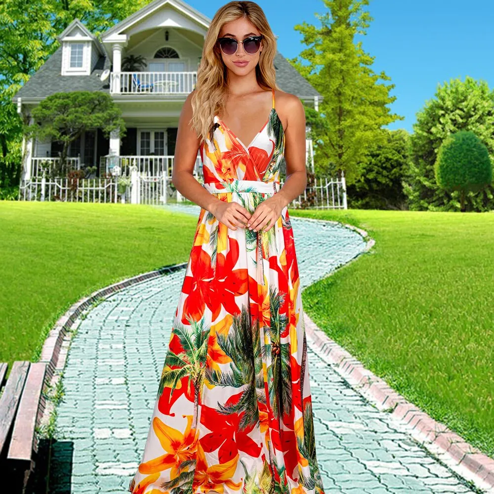 2025 Maxi Tropical Boho Floral Print Evening Party Beach Long Maxi Straps Dresses