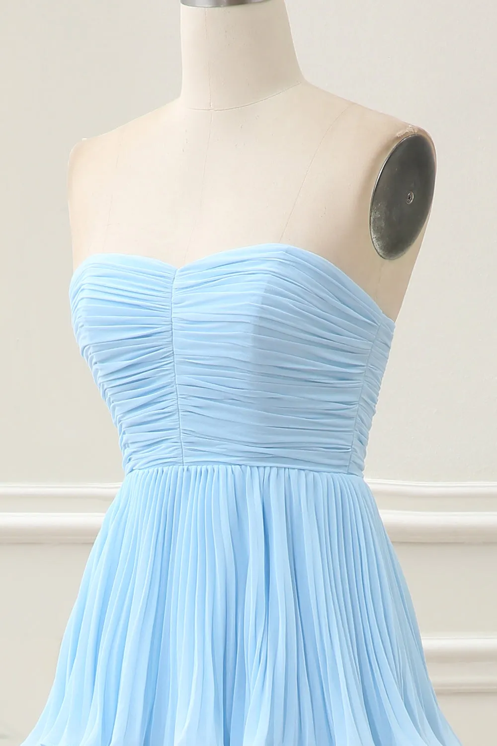 A Line Strapless Sky Blue Sweetheart Maxi Dress with Pleated