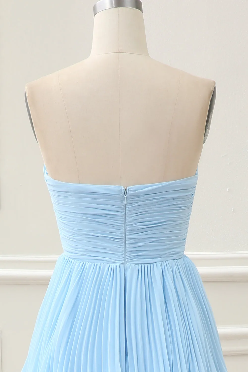 A Line Strapless Sky Blue Sweetheart Maxi Dress with Pleated