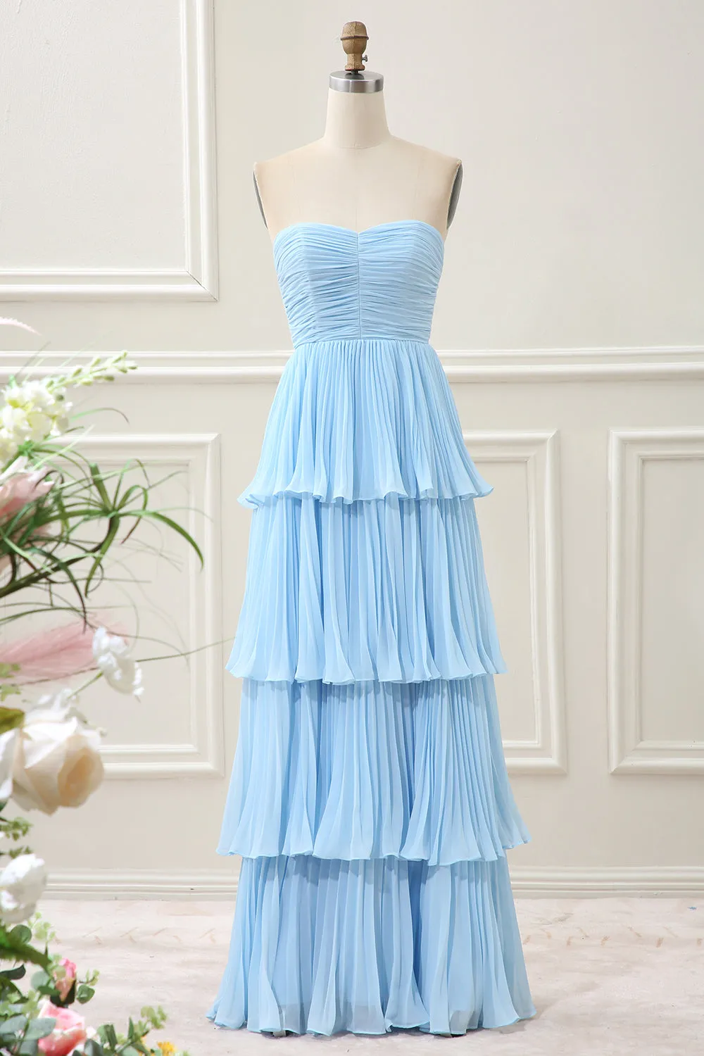 A Line Strapless Sky Blue Sweetheart Maxi Dress with Pleated