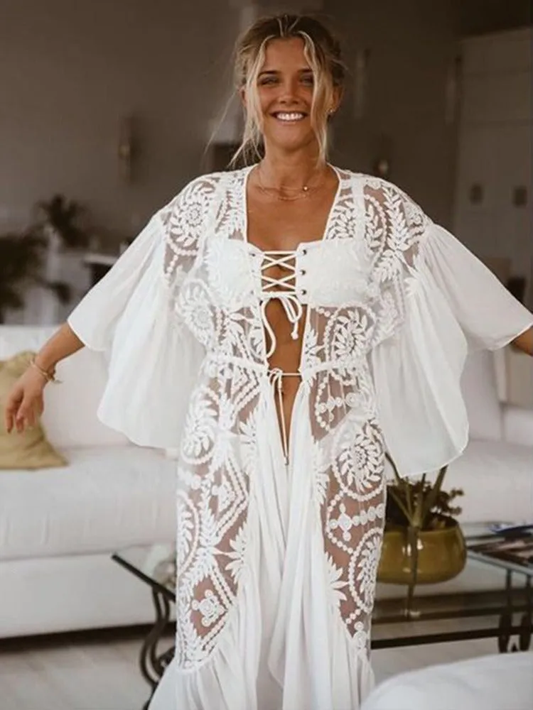 ASHORESHOP White Bikini Cover Ups Lace Dresses See Through Cover Ups