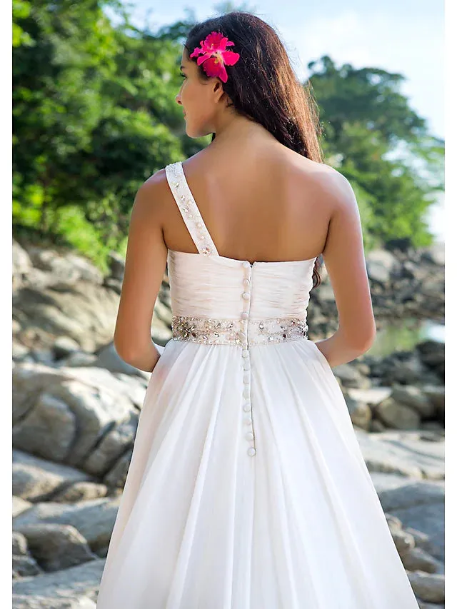 Beach Open Back Wedding Dresses  A-Line Regular Straps One Shoulder Chiffon With Sash  Ribbon Beading