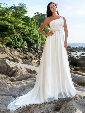 Beach Open Back Wedding Dresses  A-Line Regular Straps One Shoulder Chiffon With Sash  Ribbon Beading