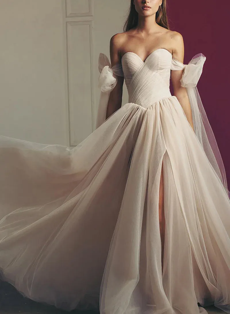 Beach Pleated Tulle Off-The-Shoulder A-Line Wedding Dresses With Split