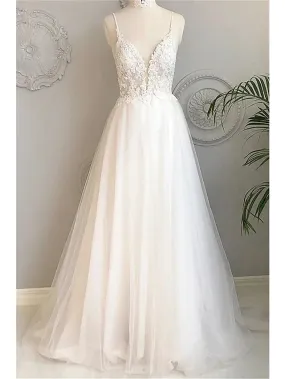 Beach Wedding Dresses Court A-Line Sleeveless Spaghetti Strap Lace With Buttons Appliques