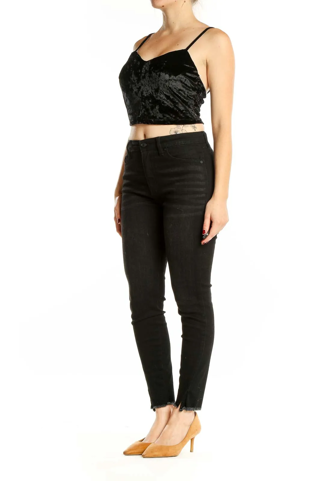 Black Crushed Velvet Crop Top