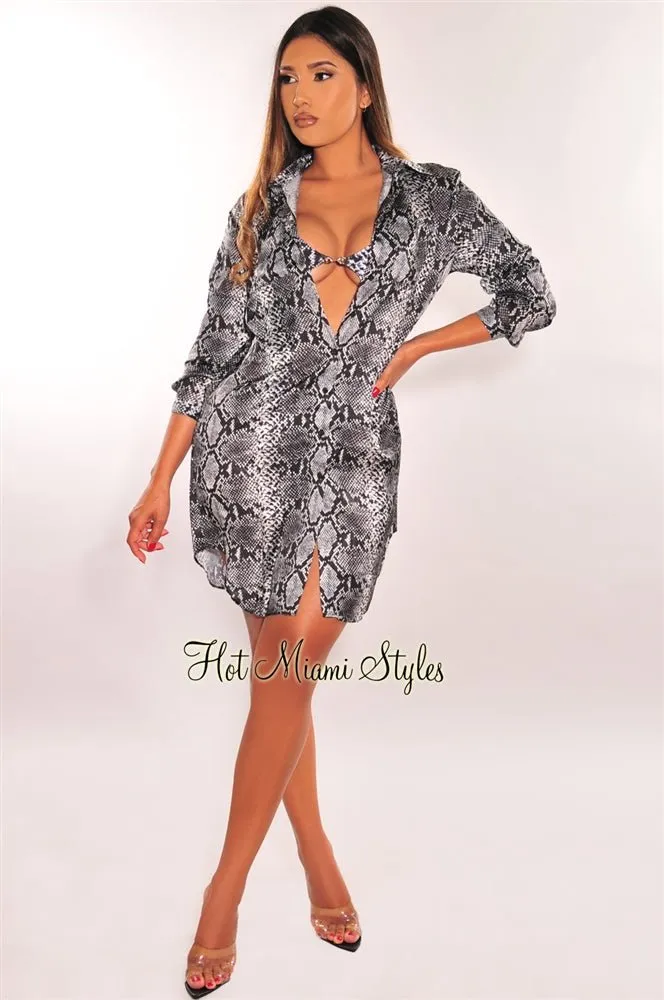 Black Snake Print Silky Collared Button Down Shirt Cover Up