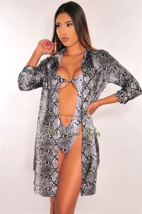 Black Snake Print Silky Collared Button Down Shirt Cover Up