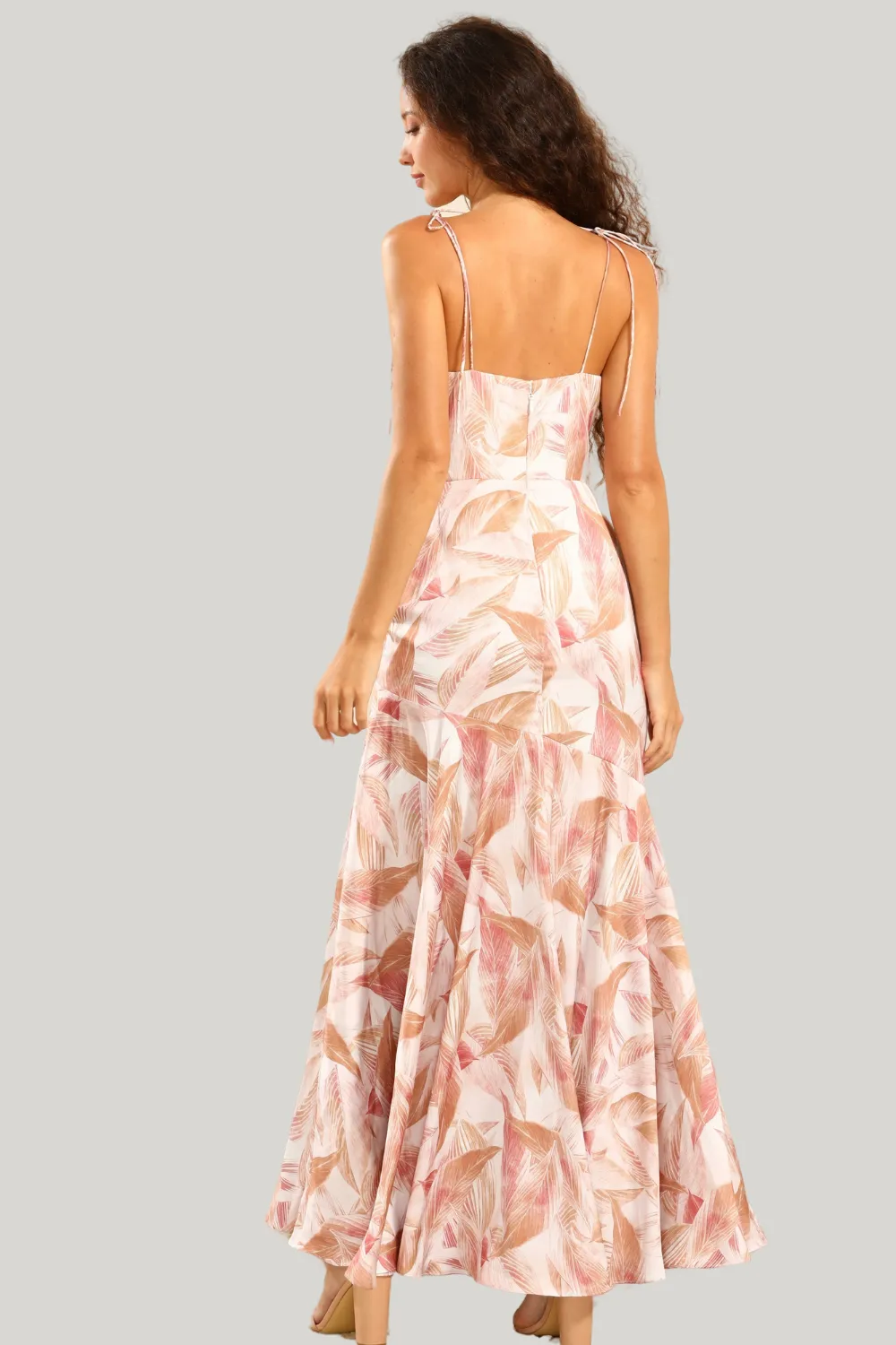 Blush Floral Mermaid Spaghetti Straps Ruffled Tea Length Dress