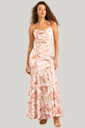 Blush Floral Mermaid Spaghetti Straps Ruffled Tea Length Dress