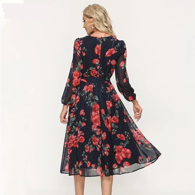 Bohemian Style Red Flower Printed Chiffon Dress