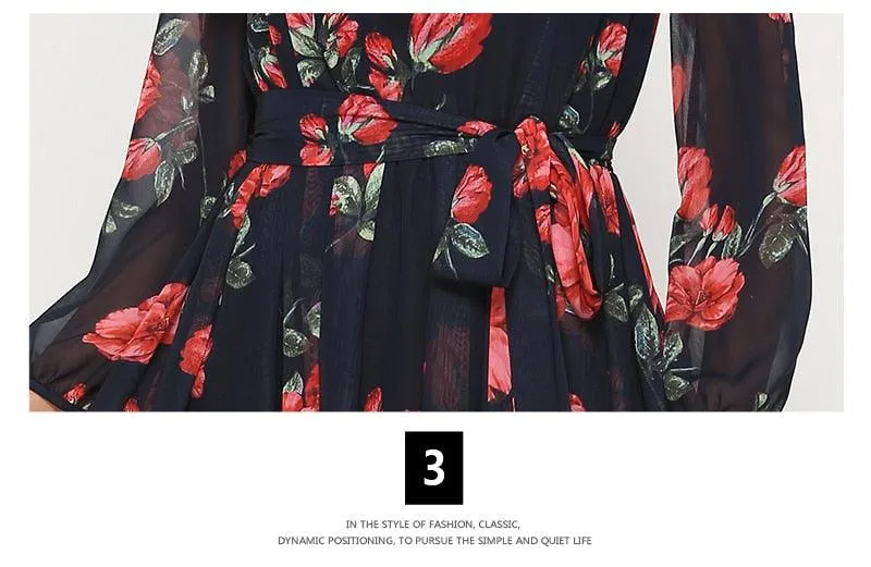 Bohemian Style Red Flower Printed Chiffon Dress