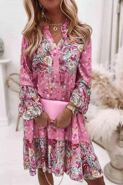 Boho Print V Neck Long Sleeve Dress