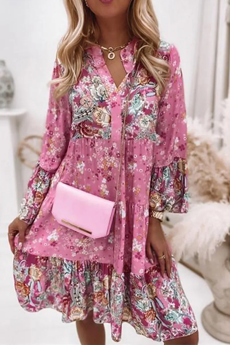 Boho Print V Neck Long Sleeve Dress