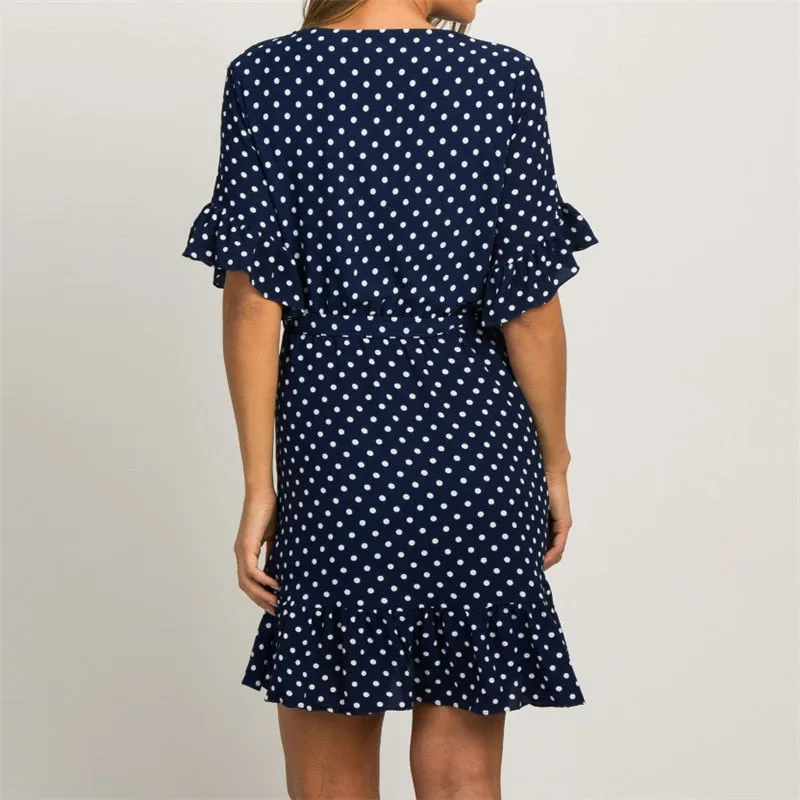 Boho Style Beach Dress Short Sleeve V-neck Polka Dot A-line Sundress