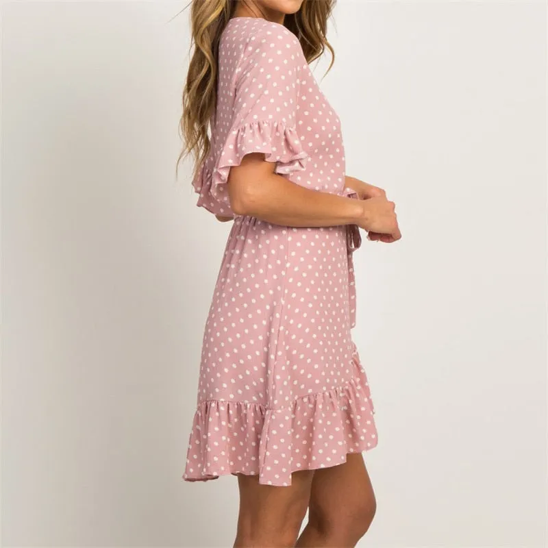 Boho Style Beach Dress Short Sleeve V-neck Polka Dot A-line Sundress