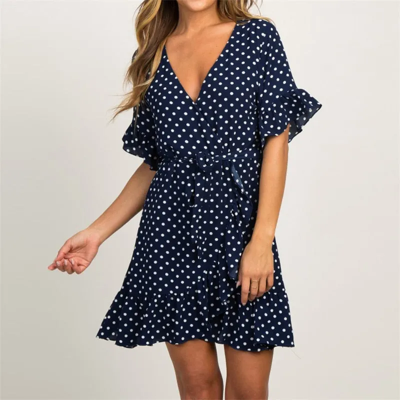 Boho Style Beach Dress Short Sleeve V-neck Polka Dot A-line Sundress