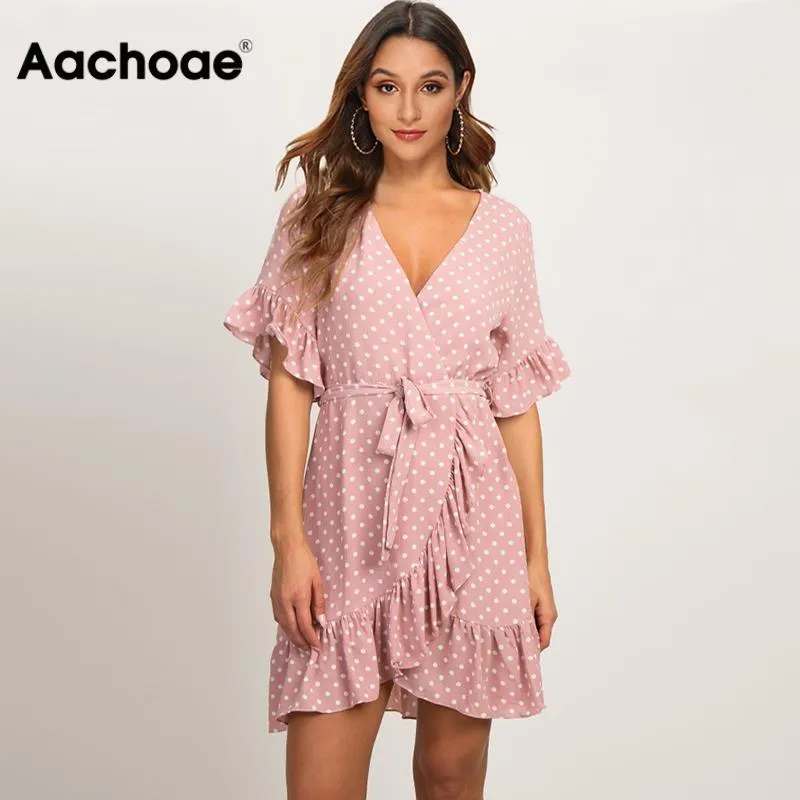 Boho Style Beach Dress Short Sleeve V-neck Polka Dot A-line Sundress