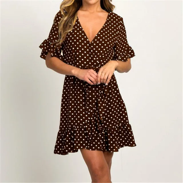 Boho Style Beach Dress Short Sleeve V-neck Polka Dot A-line Sundress