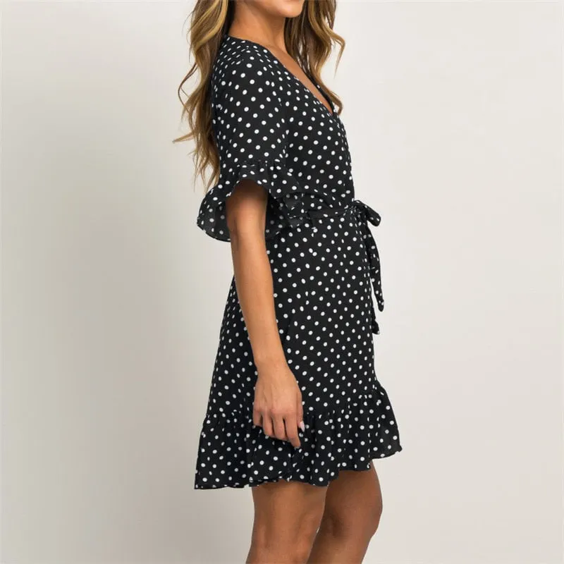 Boho Style Beach Dress Short Sleeve V-neck Polka Dot A-line Sundress