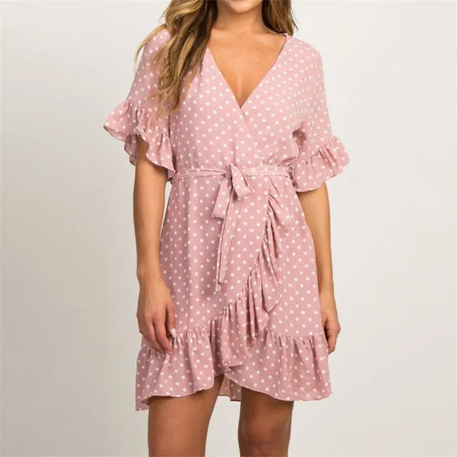 Boho Style Beach Dress Short Sleeve V-neck Polka Dot A-line Sundress