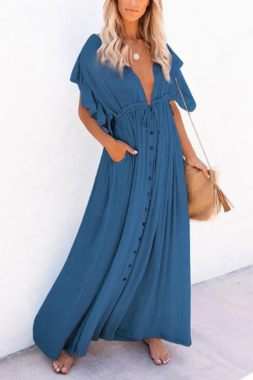 Button Drawstring Waist Bat Maxi Cover Dress