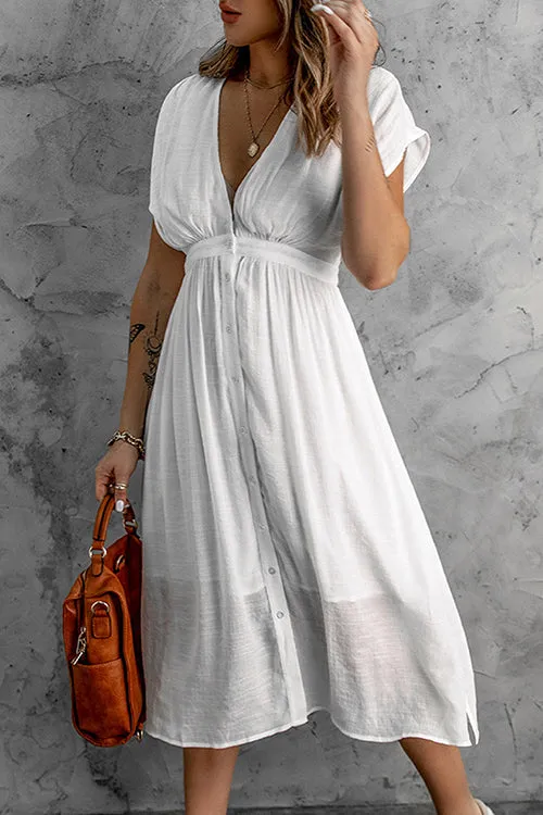 Button V Neck Midi Dress