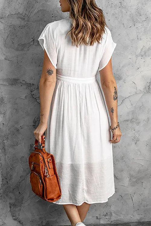 Button V Neck Midi Dress