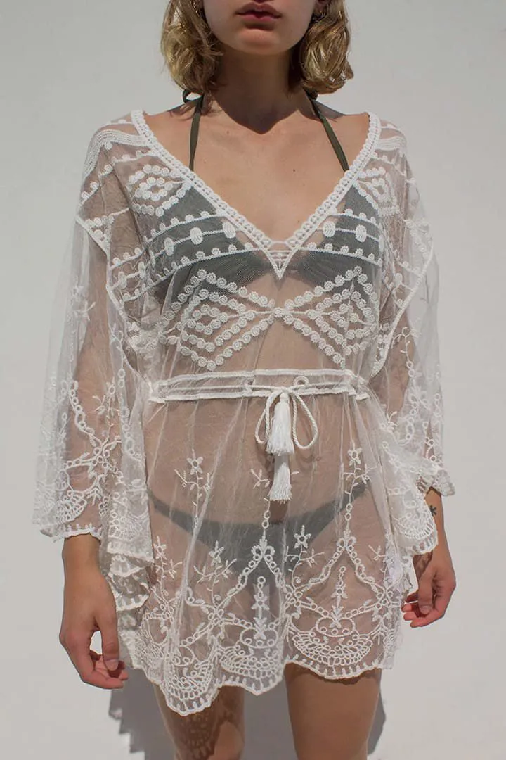 Crochet Embroidery Batwing White Lace Mesh Bathing Suit Swim Cover Up Beach Dress