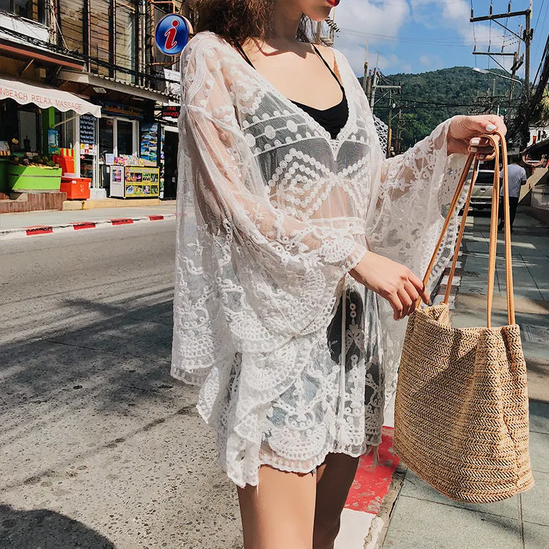 Crochet Embroidery Batwing White Lace Mesh Bathing Suit Swim Cover Up Beach Dress