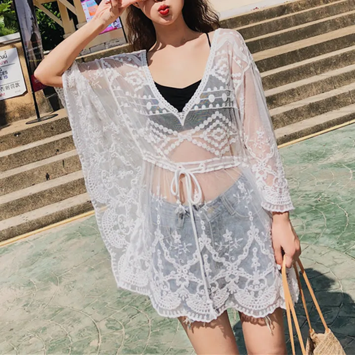 Crochet Embroidery Batwing White Lace Mesh Bathing Suit Swim Cover Up Beach Dress