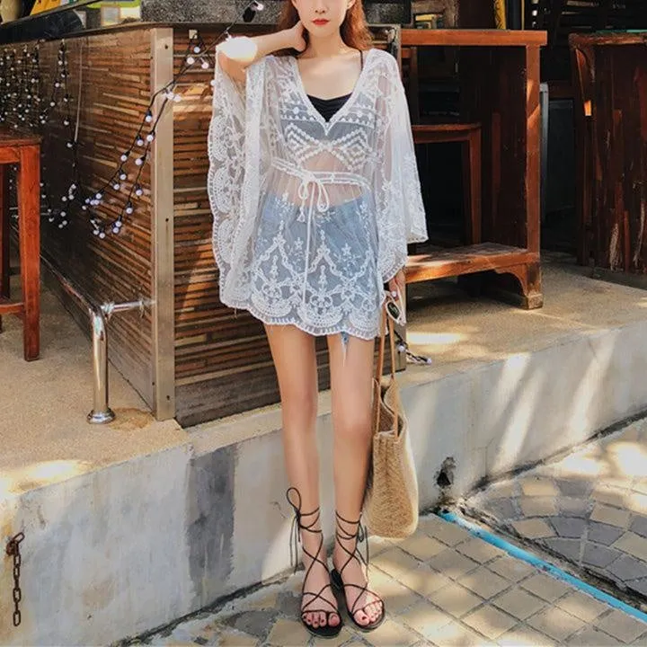 Crochet Embroidery Batwing White Lace Mesh Bathing Suit Swim Cover Up Beach Dress