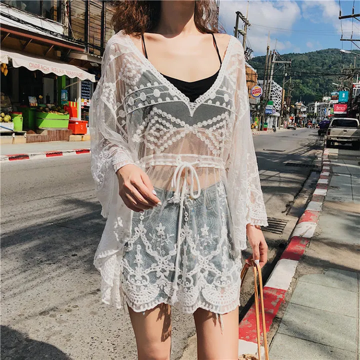 Crochet Embroidery Batwing White Lace Mesh Bathing Suit Swim Cover Up Beach Dress