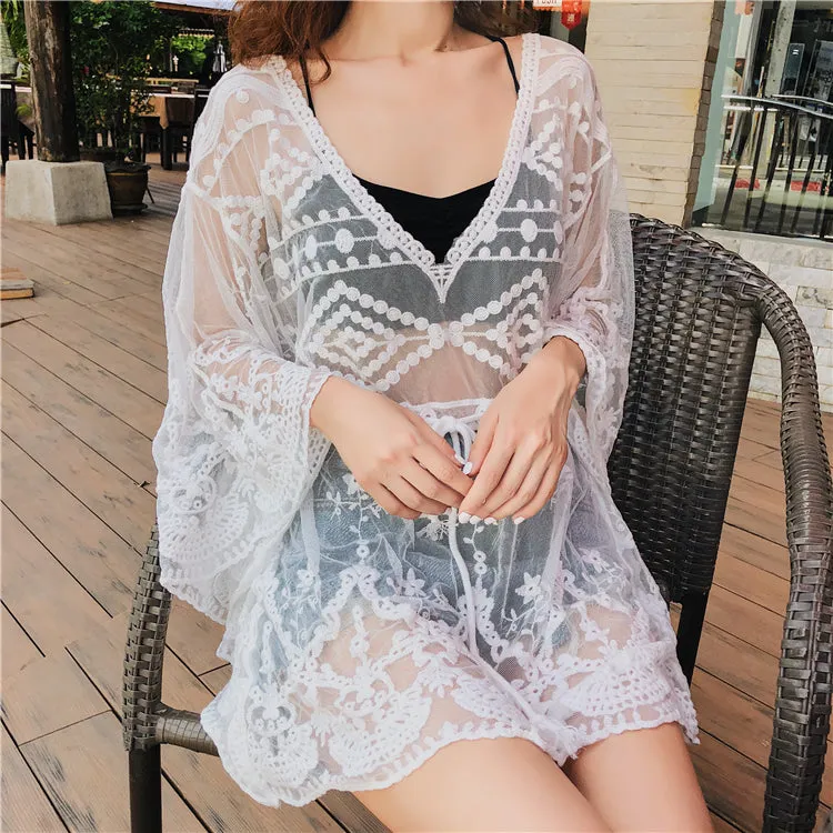 Crochet Embroidery Batwing White Lace Mesh Bathing Suit Swim Cover Up Beach Dress