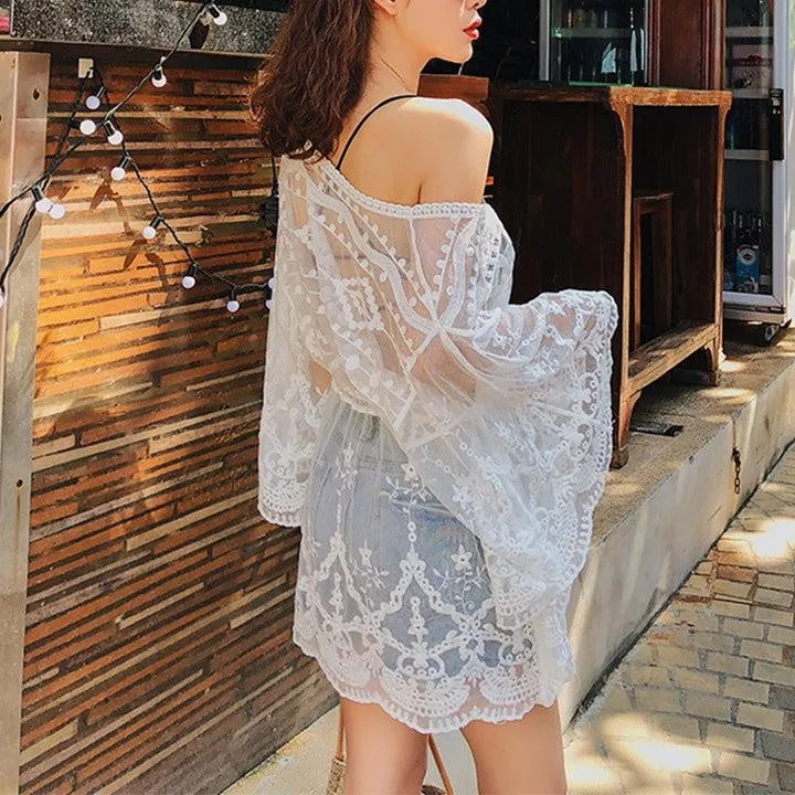 Crochet Embroidery Batwing White Lace Mesh Bathing Suit Swim Cover Up Beach Dress