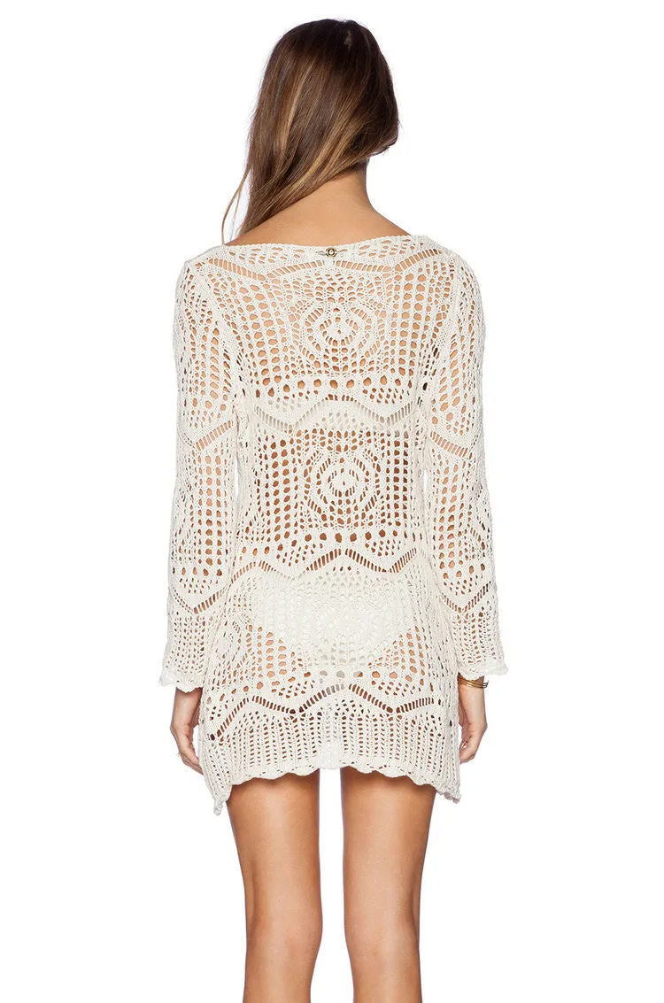 Crocheting Hollow Out Lace Long Sleeve Short Beach Cover Up Dress