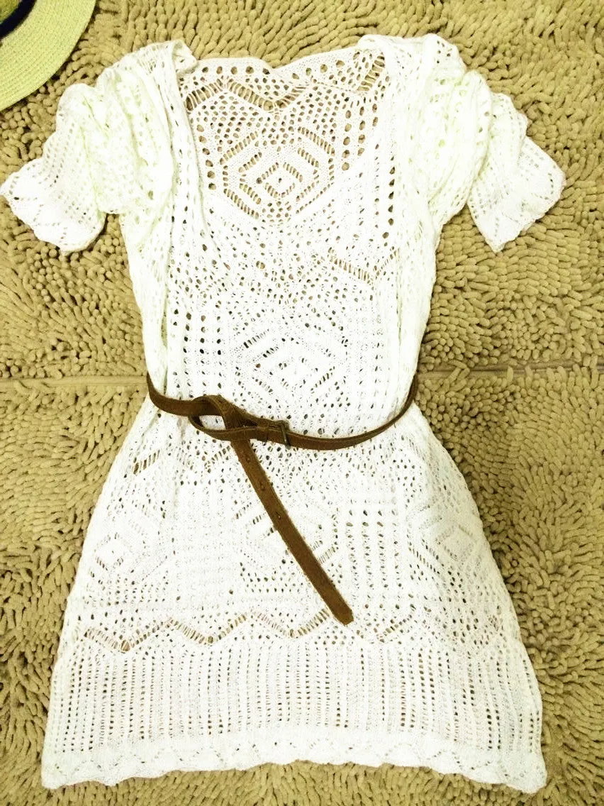 Crocheting Hollow Out Lace Long Sleeve Short Beach Cover Up Dress