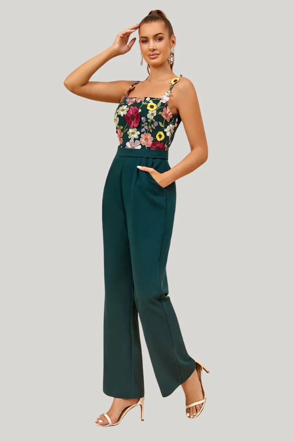 Dark Green Spaghetti Straps Appliques Wedding Guest Jumpsuits