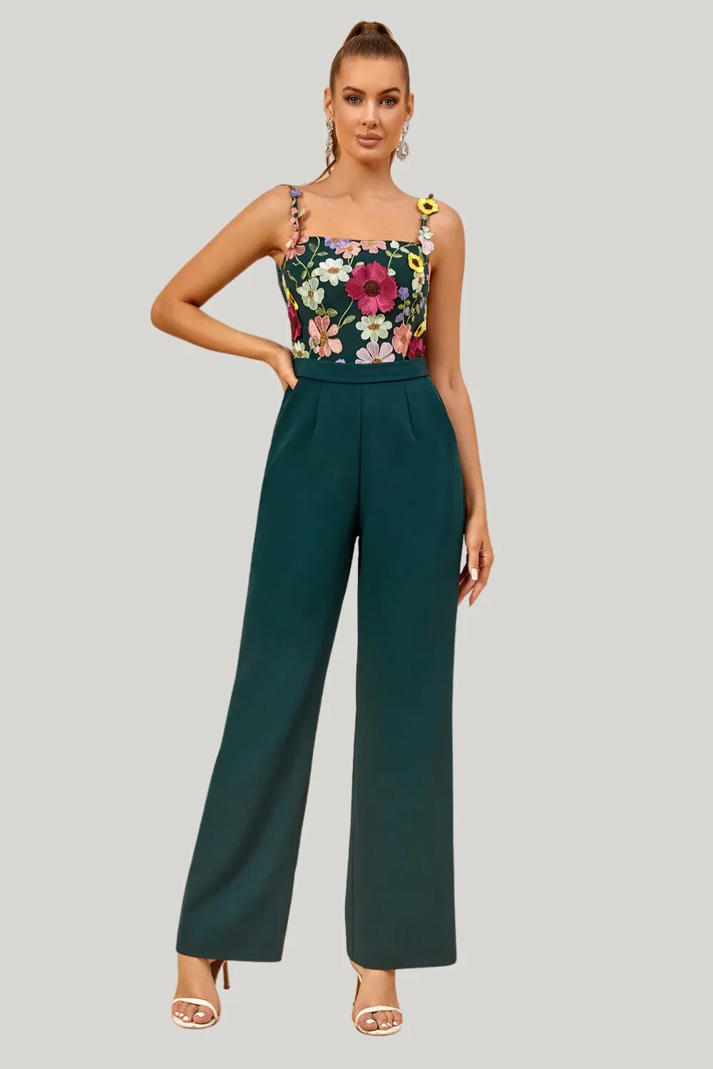 Dark Green Spaghetti Straps Appliques Wedding Guest Jumpsuits