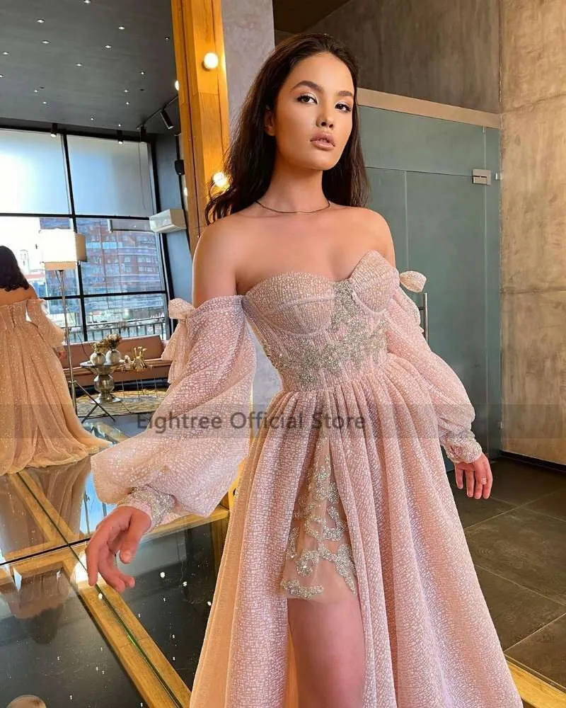 deanwangkt Pink Wedding Dresses  Puff Long Sleeve Bride Dress Split Side A Line Sexy Beach Wedding Gowns Robe de Mariee