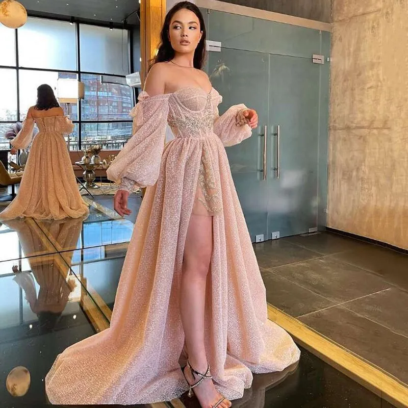 deanwangkt Pink Wedding Dresses  Puff Long Sleeve Bride Dress Split Side A Line Sexy Beach Wedding Gowns Robe de Mariee