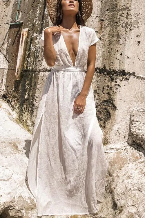 Deep V Neck Backless Maxi Cover Dress