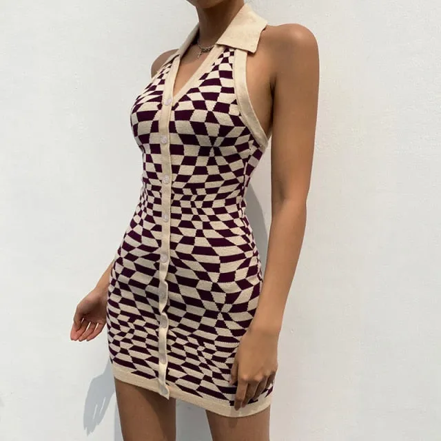 Female Beach Knitted Bodycon Dress Chic Women Elegant Lady Backless Sleeveless Bandage Halter Sundress Summer Vacation Clothing