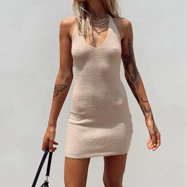 Female Beach Knitted Bodycon Dress Chic Women Elegant Lady Backless Sleeveless Bandage Halter Sundress Summer Vacation Clothing