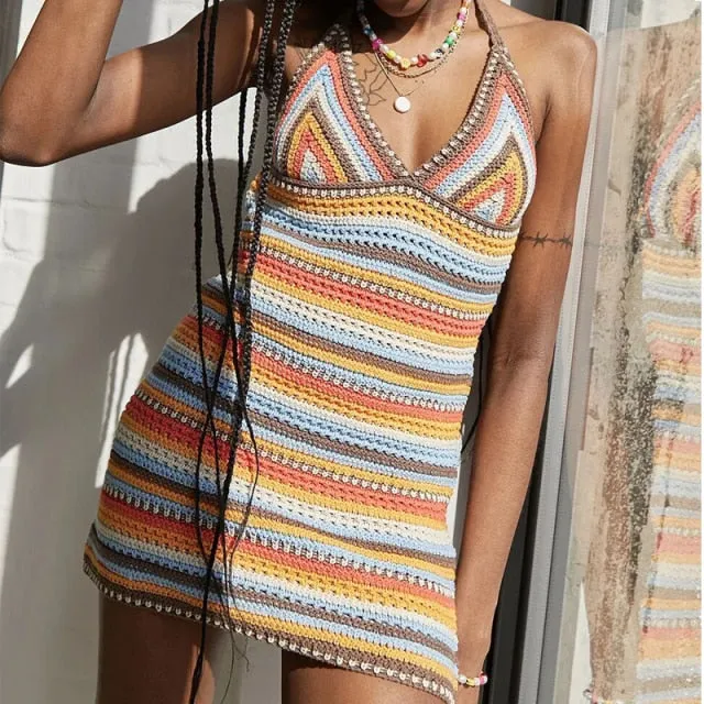 Female Beach Knitted Bodycon Dress Chic Women Elegant Lady Backless Sleeveless Bandage Halter Sundress Summer Vacation Clothing