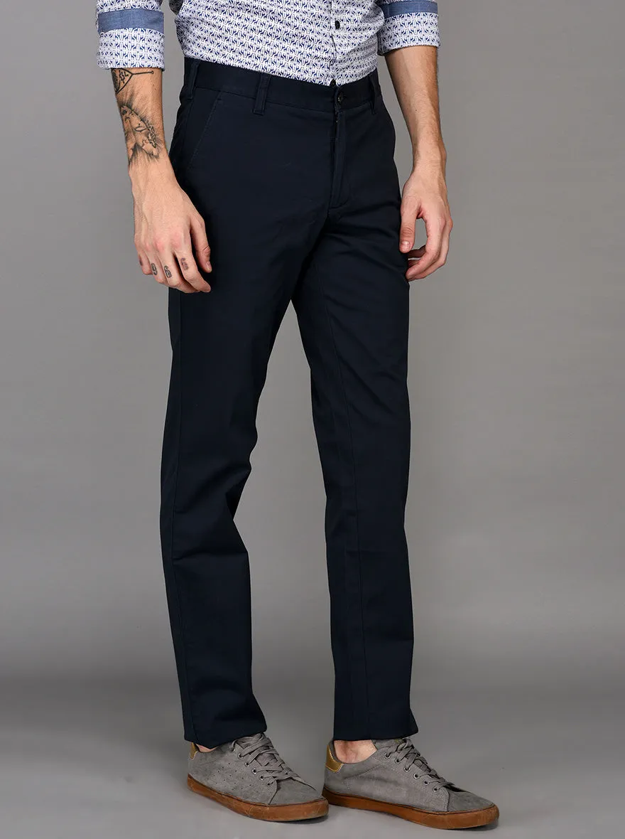 JadeBlue Navy Blue Self Textured Slim Fit Casual Trouser