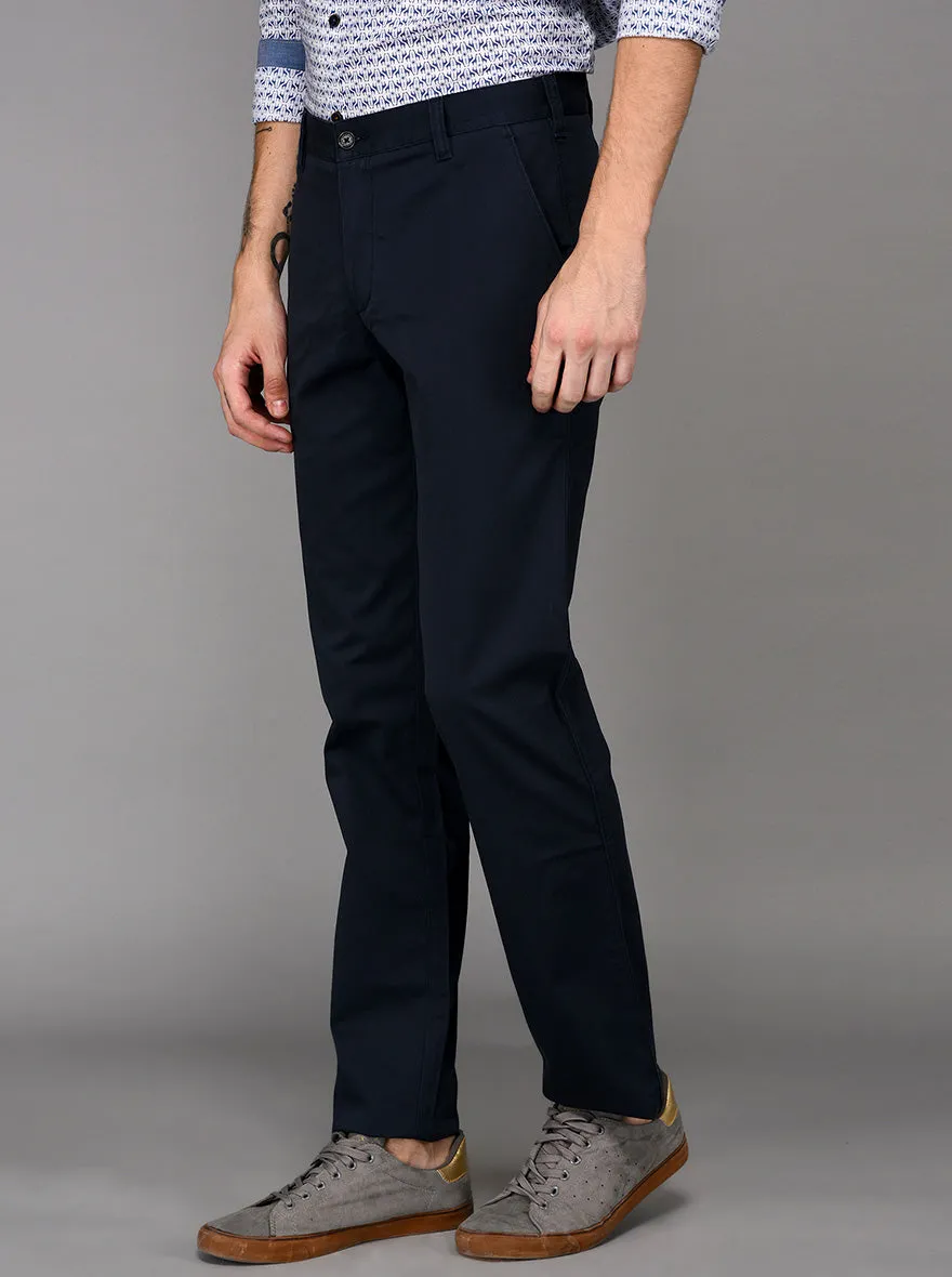 JadeBlue Navy Blue Self Textured Slim Fit Casual Trouser