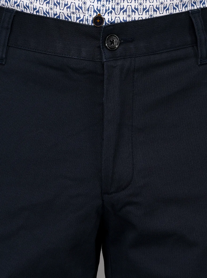 JadeBlue Navy Blue Self Textured Slim Fit Casual Trouser